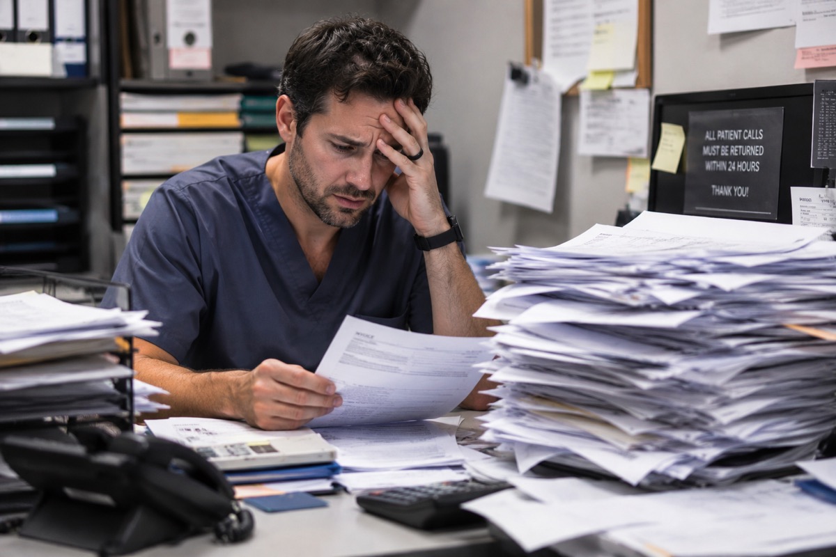 Medical staff overwhelmed by paperwork and receipts at a desk