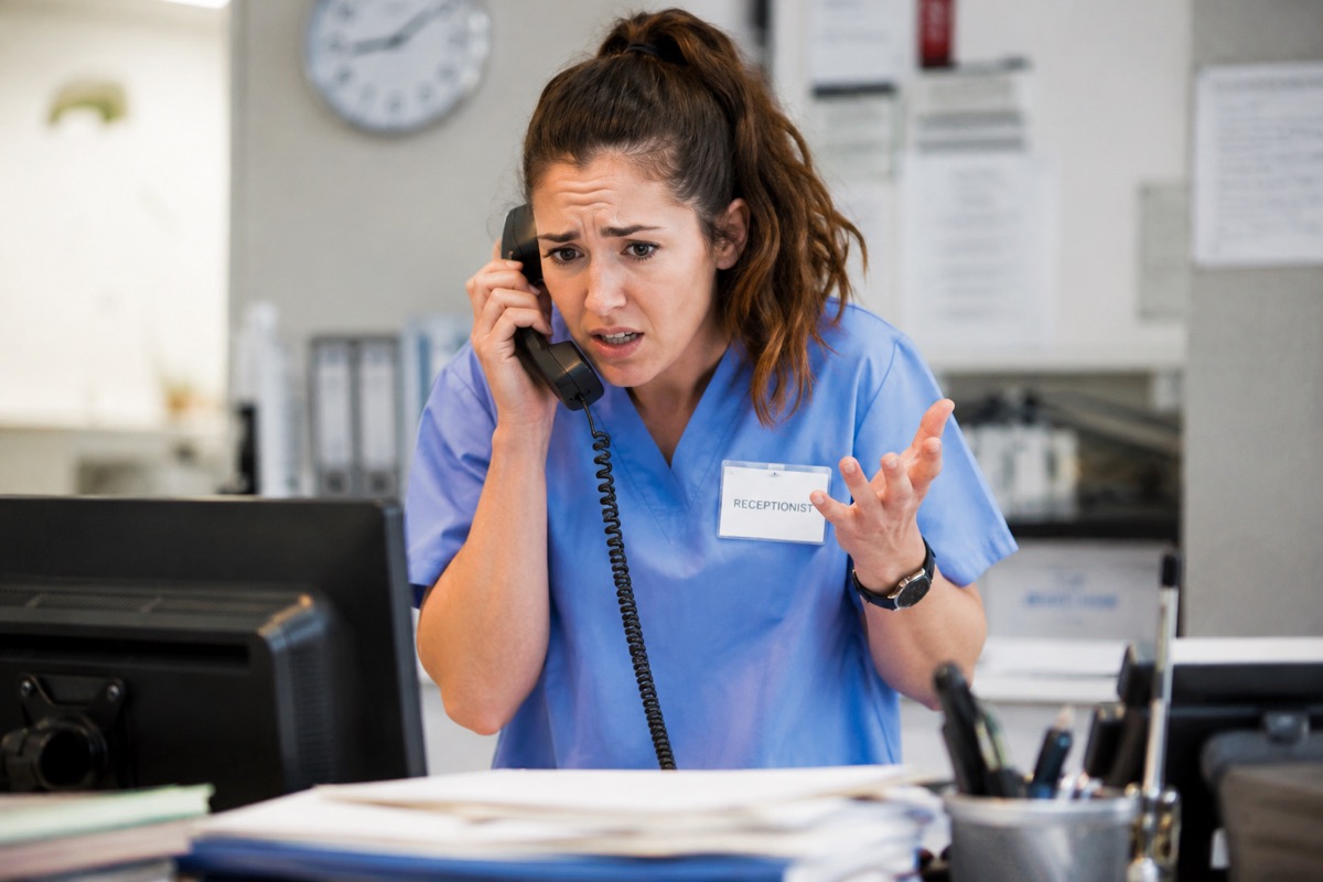 Medical receptionist answering phone calls at the front desk